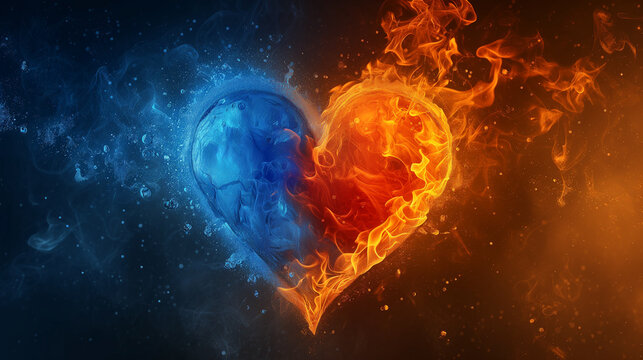 Heart in Fire: A captivating image blending elements of fire and ice, perfect for conveying love, passion, and duality. Ideal for websites, blog, print media, and anything related to love relationship