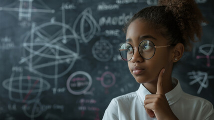 thoughtful young student standing in front of a blackboard filled with complex scientific formulas