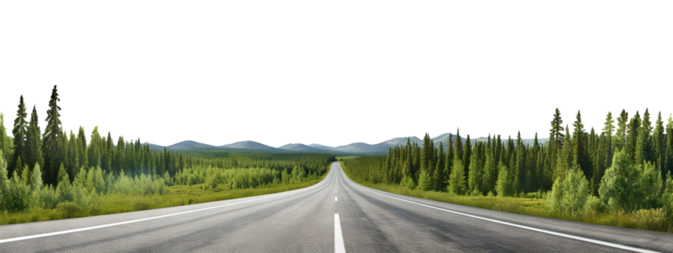 Long stretch of empty highway through lush green forest, cut out