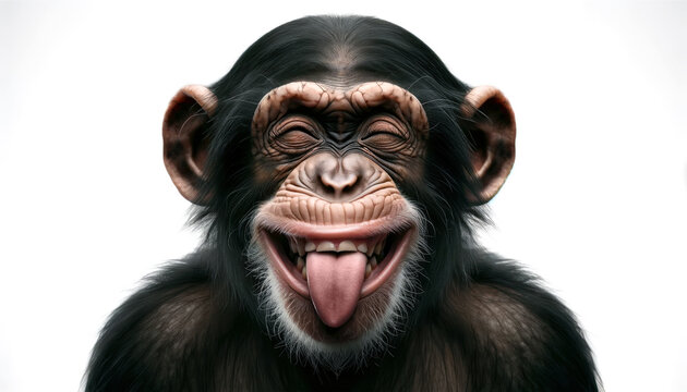 A close-up of a chimp with a humorous expression, sticking out its tongue. Playful Chimpanzee funny with gesture Sticking Out Tongue