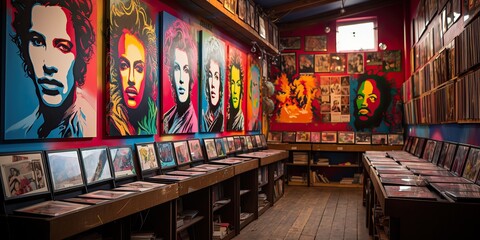 Colorful music record shop with vibrant vinyl album art on display
