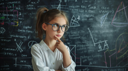 thoughtful young student standing in front of a blackboard filled with complex scientific formulas