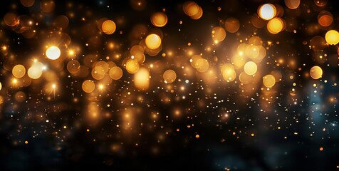 Golden bokeh, raining light, blurry lights, blurry background, gold confettis on a black background, yellow and orange, night lights, city lights, haze, depth of field, round bokeh, Generative AI