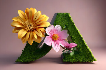 A picture of a flower in the garden green floral ornament 3d medieval and nouveau style alphabet letter collection, letter a with flowers and leaves