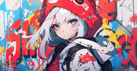 Captivating Anime Girl. The Essence of Beauty Meets Graffiti Artistry.