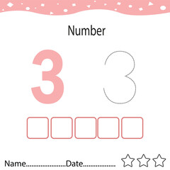 Tracing worksheet number 3 and write the words. Worksheet that is suitable for learning to write number 3