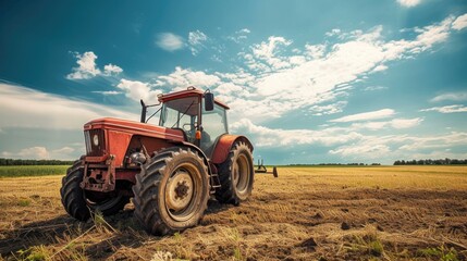 Vintage tractor on a harvested sunny field.