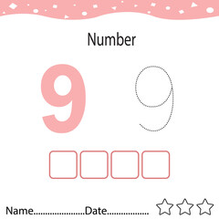 Tracing worksheet number 9 and write the words. Worksheet that is suitable for learning to write number  9