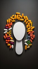 Vertical shot pills arranged around the silhouette of a human head, symbolizing medication diversity, antidepressants, aspirin, painkiller. Close-up pharmaceutical care, varied medications for health