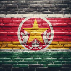 Surinam flag overlay on old granite brick and cement wall texture for background use