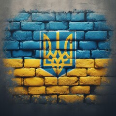 Ukraina flag overlay on old granite brick and cement wall texture for background use - obrazy, fototapety, plakaty