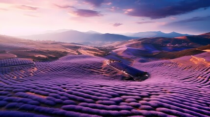 Aerial view of a vast lavender field in full bloom, creating a stunning purple landscape