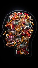 A symbolic arrangement of pills forming a head shape, representing medication for mental health, antidepressants. Close-up of tablets and capsules, emphasizing pharmaceutical care in mental well-being