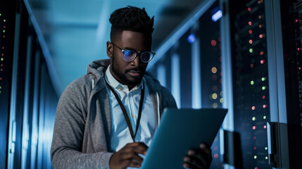 focused man in a hoodie and glasses using a laptop in a server room