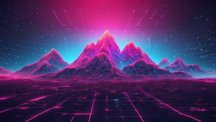 Synthwave wireframe net illustration. Abstract digital background. 80s, 90s Retro futurism, Retro wave cyber grid. Landscape mountain surfaces. Neon lights glowing	