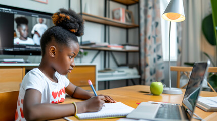 young girl engaged in an online learning session, writing notes while participating in a video call with a teacher on her laptop at a home study setup