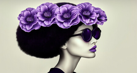 Side Portrait of an Elegant Black Woman with Sunglasses and Afro Hairstyle Adorned with Purple Blossoms