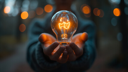 Close-up, hands holding burning light bulb... New idea, invention, invention and development concept