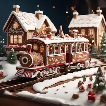 An illustration depicting a gingerbread train traveling on snow-covered rails through a village decorated in a festive theme