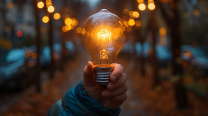 Close-up, hands holding burning light bulb... New idea, invention, invention and development concept