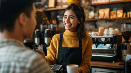 smiling female barista is interacting with a customer at a coffee shop counter