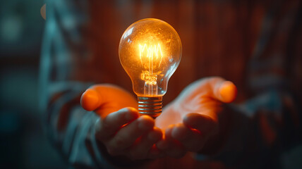 Close-up, hands holding burning light bulb... New idea, invention, invention and development concept - obrazy, fototapety, plakaty