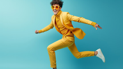 joyful man jumping in the air, dressed in a vibrant yellow suit and turtleneck