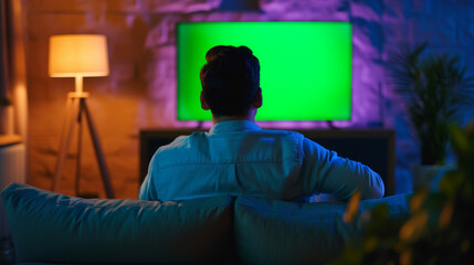 Fototapeta premium person from behind watching a large screen TV with a green screen