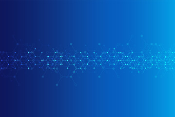 Hexagons pattern on blue background. Genetic research, molecular structure. Chemical engineering. Concept of innovation technology. Used for design healthcare, science and medicine background