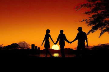 Silhouetted figures holding hands at sunset with vibrant orange sky and cityscape