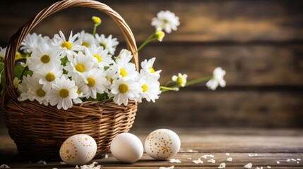 Obraz na płótnie Canvas Basket filled with fresh daisies accompanied by decorated Easter eggs on a wooden surface