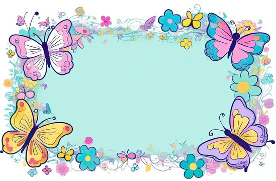 Illustration of pastel colors frame with free place for text made from lot of spring butterflies. Greeting card for spring holidays. Template for Birthday, Women's Day, Mother's Day. Floral picture.