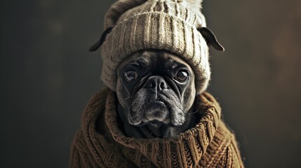 a dog wearing a sweater and hat, in the style of dark and gritty II