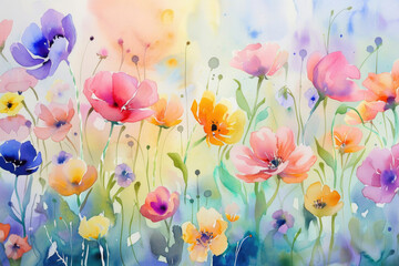 Fototapeta na wymiar A whimsical watercolor meadow with spring blooms