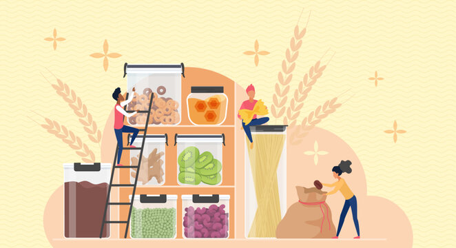 Storage of dry grocery bulk products in kitchen pantry. Tiny people packing pieces of dry fruit and heap of cereals, spaghetti and coffee in plastic or glass containers cartoon vector illustration
