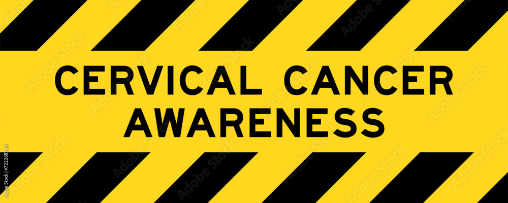 Sticker Yellow and black color with line striped label banner with word cervical cancer awareness