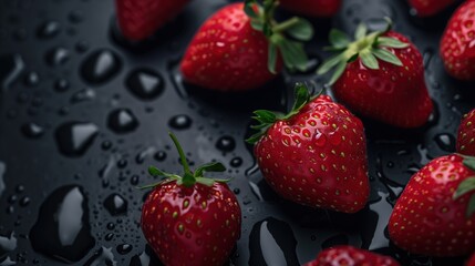 Fresh Red Strawberries with Water Droplets on Dark Background