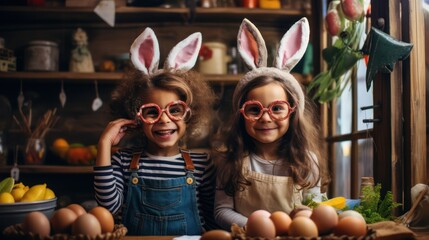 Two joyful children are wearing bunny ears and holding decorated Easter eggs up to their eyes like glasses, with a rustic kitchen setting in the background.