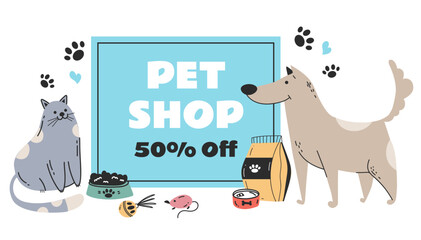 Naklejka premium Pet shop sale discount banner poster concept. Animal pets zoo store with food, toys. Vector graphic design illustration element