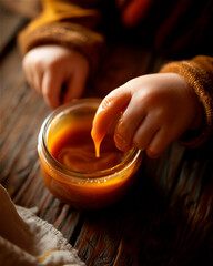 Child's hands in a jar of rich caramel sauce. Childhood concept