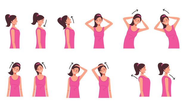 Neck shoulder spine exercise isolated set. Vector flat cartoon graphic design illustration

