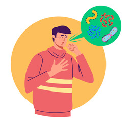 Ill people cough with flying germs around concept. Vector flat graphic design illustration