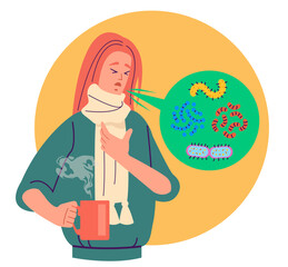 Ill people cough with flying germs around concept. Vector flat graphic design illustration