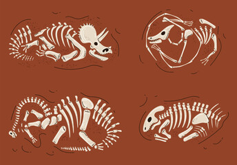 Dinosaur fossil skeleton under ground ancient bone paleontology isolated set. Vector doodle line style design element