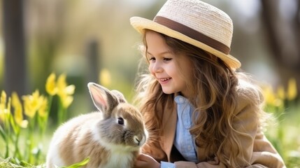 Child in Hat Admires Bunny Among Flowers. Smiling girl in straw hat admires a brown rabbit in a flower field.