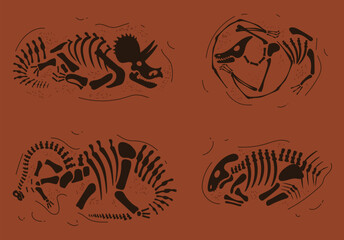 Dinosaur fossil skeleton under ground ancient bone paleontology isolated set. Vector doodle line style design element © PrettyVectors