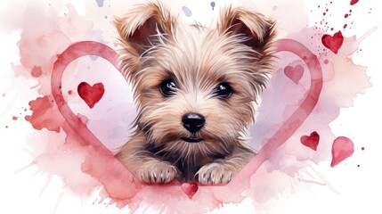 Valentine card with cute puppy. Funny dog illustration for Valentine's Day with hearts and flowers