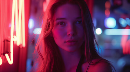 Portrait of Beautiful Brunette in Neon Light 