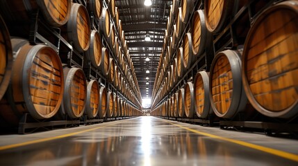Symmetrical Perspective of Whiskey Barrels in Aging Warehouse - obrazy, fototapety, plakaty
