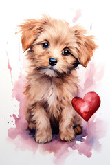 Valentine card with cute puppy. Funny dog illustration for Valentine's Day with hearts and flowers